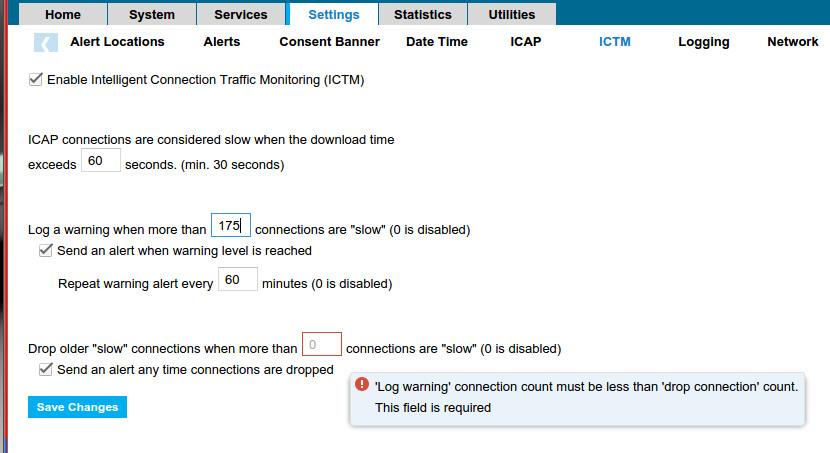 ICTM configuration page with 70% value entered & 90% value waiting for entrance.