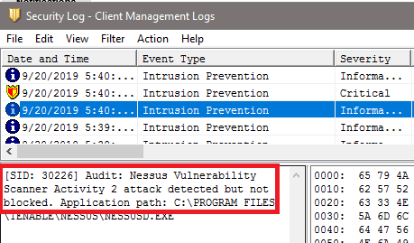 SEP Client Security Log showing audit signature traffic detected but not blocked.