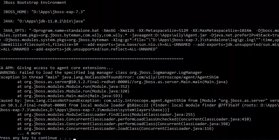 Jboss EAP 7.3 standalone won t startup after APM Java agent is