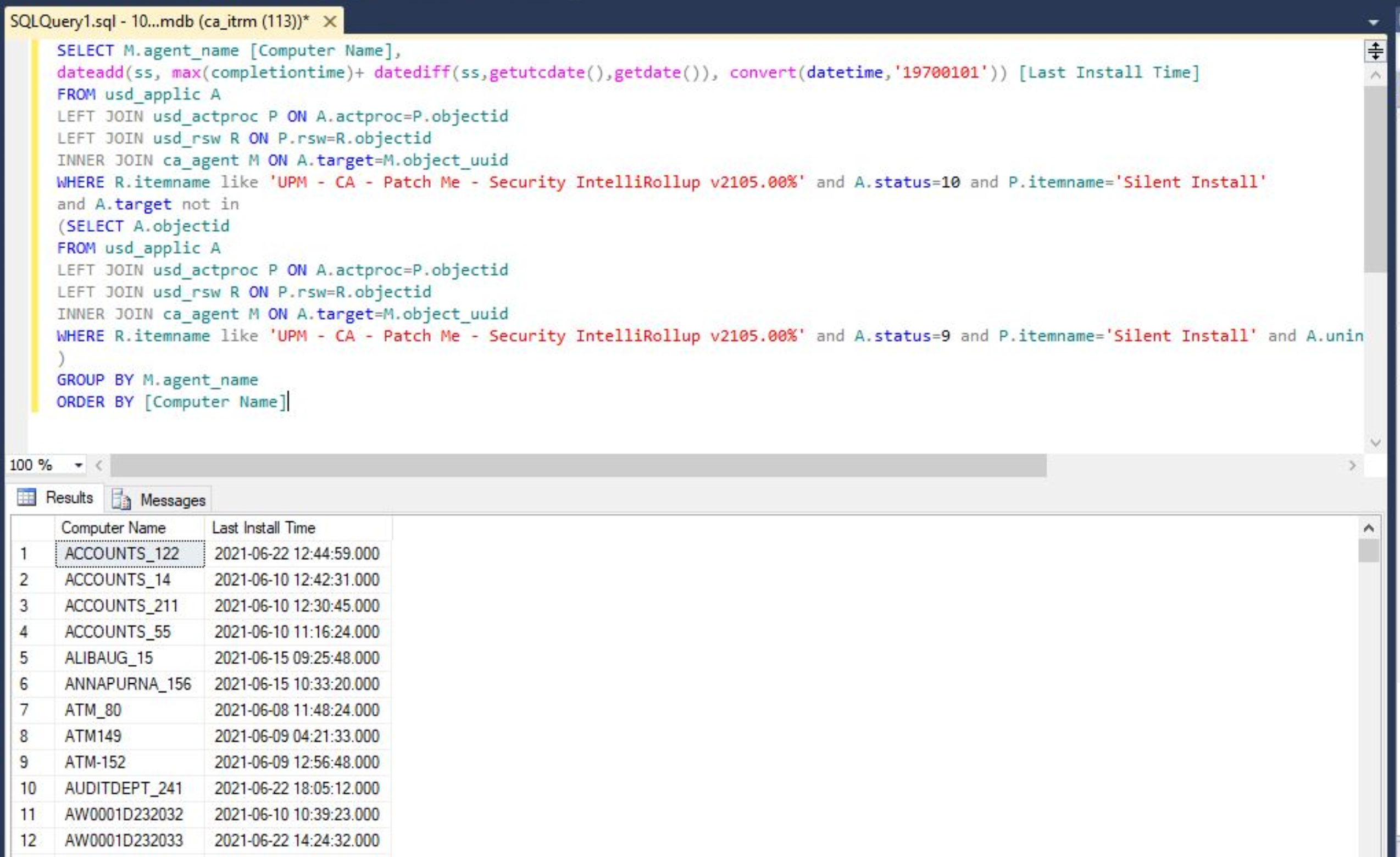 SQL Query to display CA Patch Me Rollup deployment failed machines .