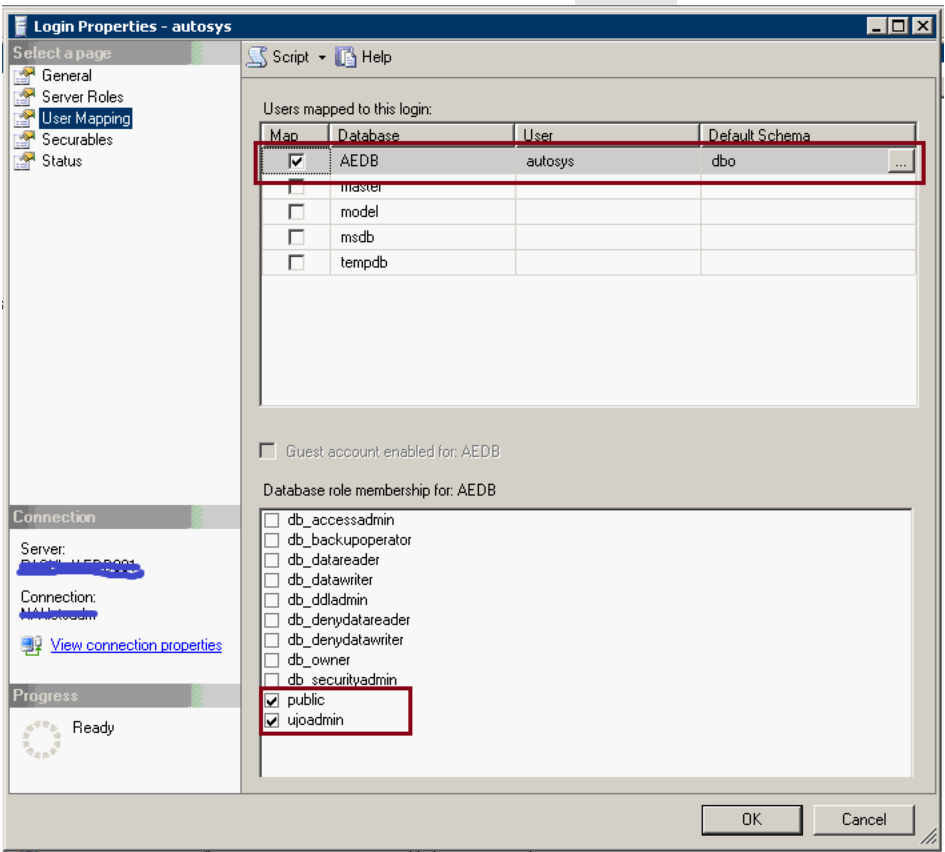 CA WAAE Scheduler and Application server services fail to start with error:  CAUAJM_E_18601 SQLSTATE: 42000, Native error: 4,060, Message:  [Microsoft][ODBC SQL Server Driver][SQL Server]Cannot open database "AEDB"  requested by the login. The
